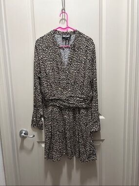DKNY Leopard Print Long-Sleeve Wrap Dress in Black and Cream